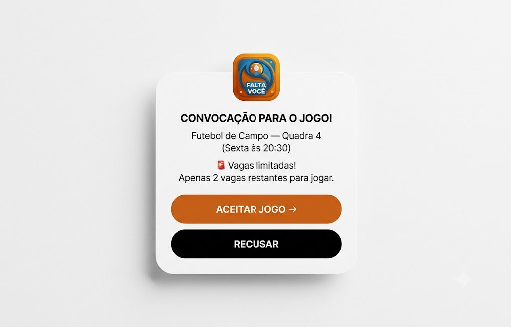 Notificação de convocação para jogo no aplicativo Falta Você